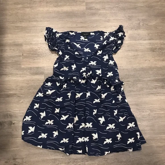 Karen Walker | Dresses | Karen Walker Navy Blue Bird Print Ruffle Dress 6 |  Poshmark
